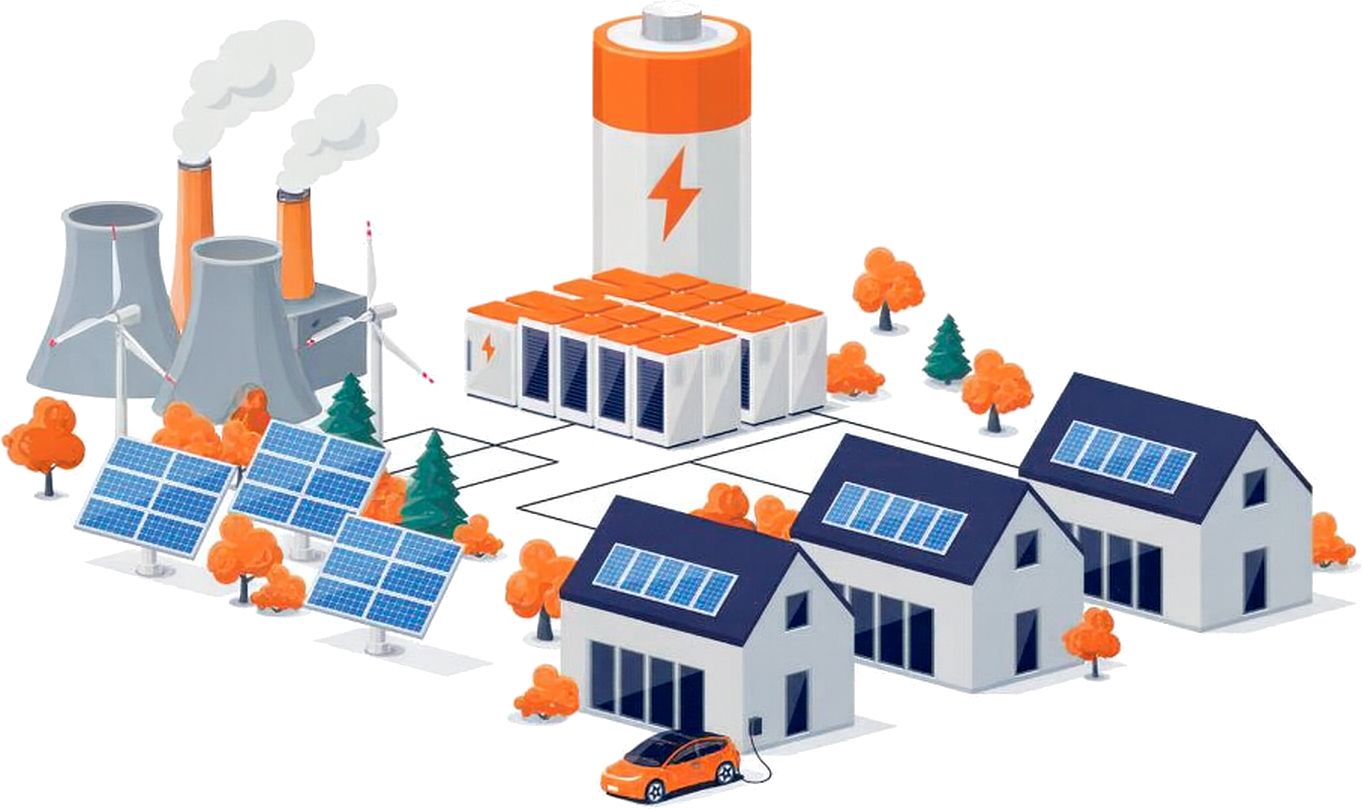 Illustration of a clean-energy ecosystem: solar panels and wind turbines feed batteries that power homes and businesses on the grid