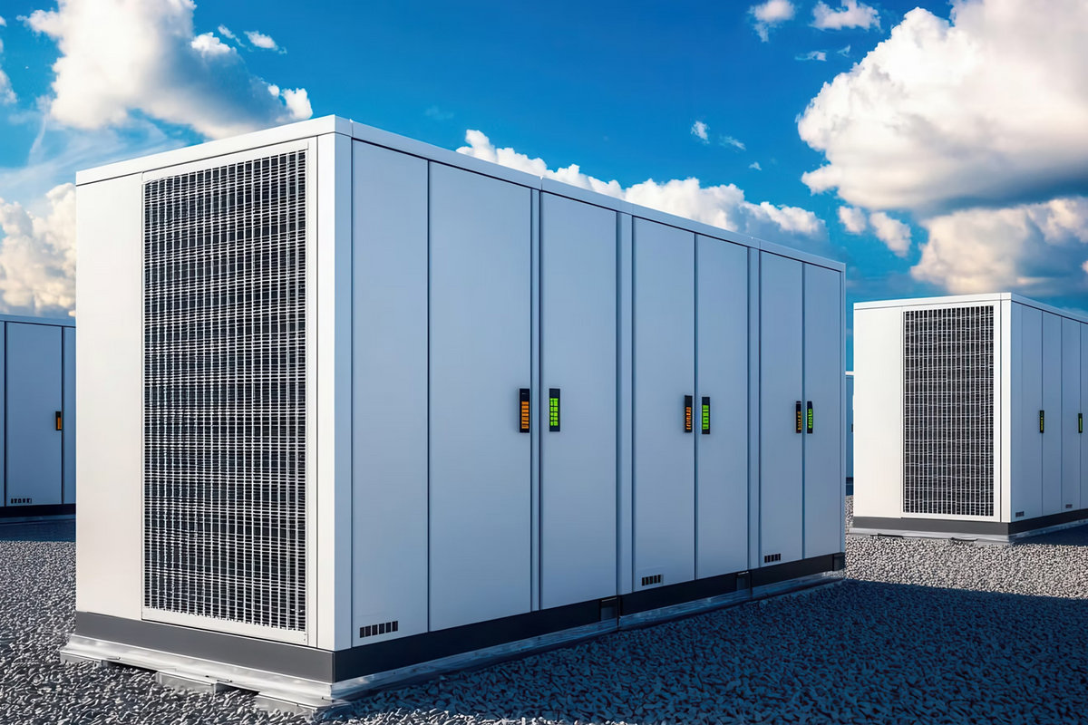 Outdoor battery energy storage facility — modular units arranged on a gravel pad under a blue sky